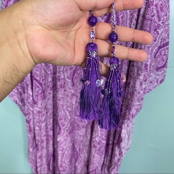 Nicoblu Violets Kaftan With Jewel Tassels & Neckline Embellishment Purple 1X-4x - Picture 7 of 8